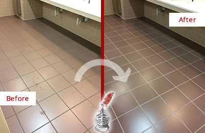 Sir Grout Seals the Grout on this Lake Butler Office Restroom to Refresh Its Look Before and After Picture of Dirty Lake Butler Office Restroom with Sealed Grout