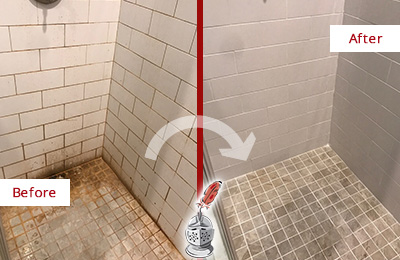 Before and After Picture of a Eatonville Shower Grout Sealed to Eliminate Mold
