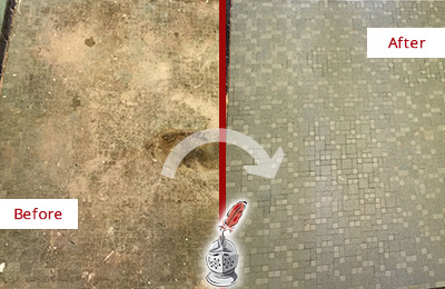 Sir Grout Cleans this Bay Hill Mosaic Shower Cleaned to Eliminate Embedded Dirt Before and After Picture of a Bay Hill Mosaic Shower Cleaned to Eliminate Embedded Dirt