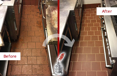 Sir Grout Cleans this Bay Hill Restaurant Kitchen Floor to Remove Grease Build-Up Before and After Picture of a Dull Bay Hill Restaurant Kitchen Floor Cleaned to Remove Grease Build-Up