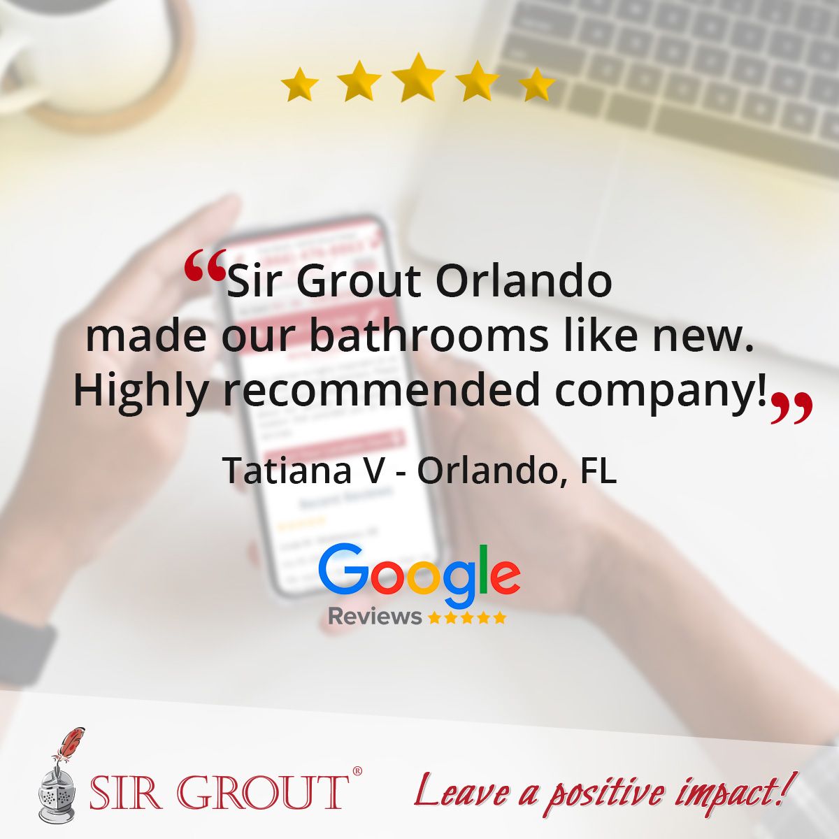 Sir Grout Orlando made our bathrooms like new. Highly recommended company!